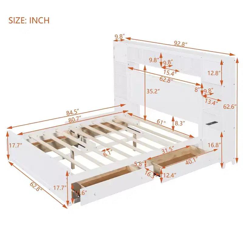 Letto matrimoniale in legno con scaffale e prese integrati grigio