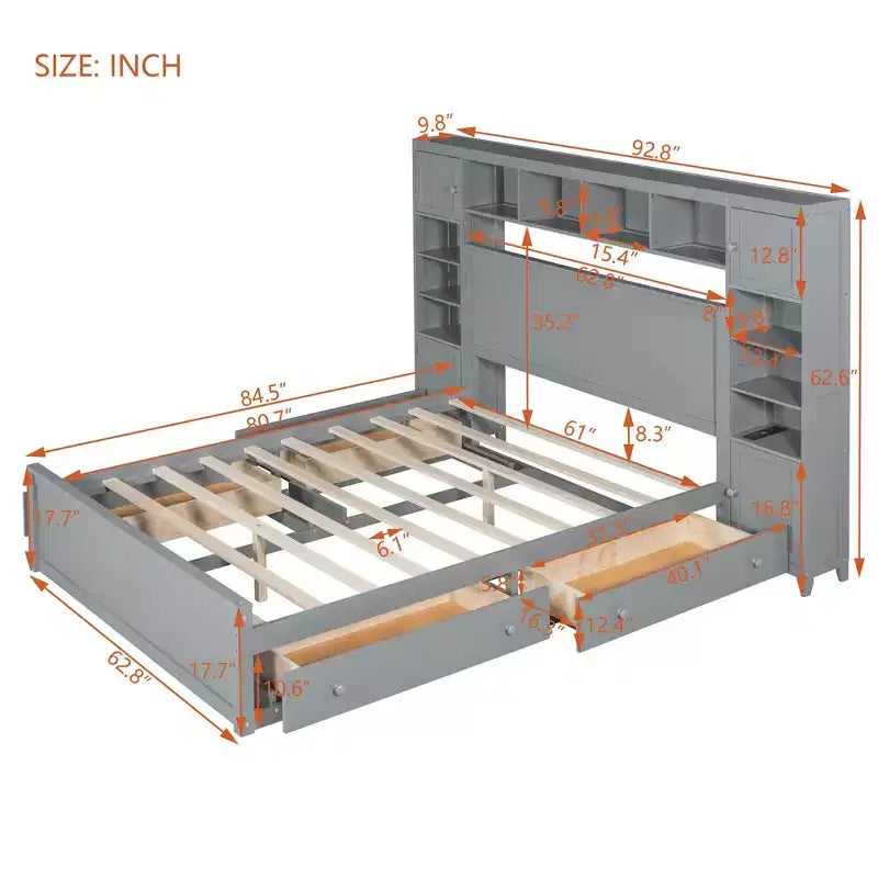 Letto matrimoniale in legno con scaffale e prese integrati grigio