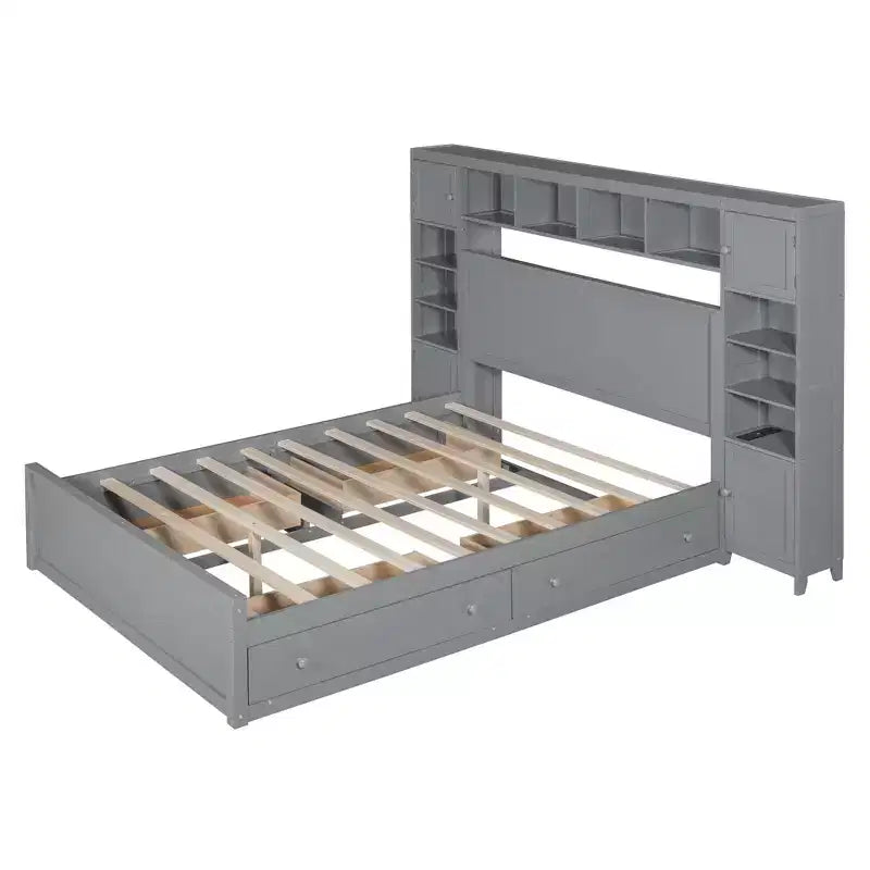 Letto matrimoniale in legno con scaffale e prese integrati grigio