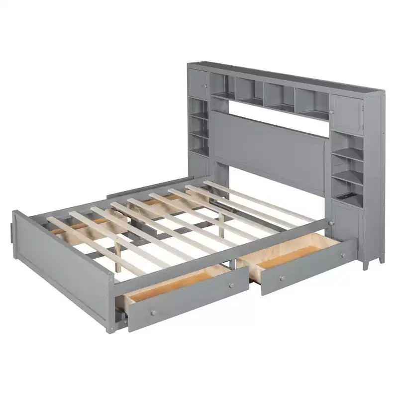 Letto matrimoniale in legno con scaffale e prese integrati grigio