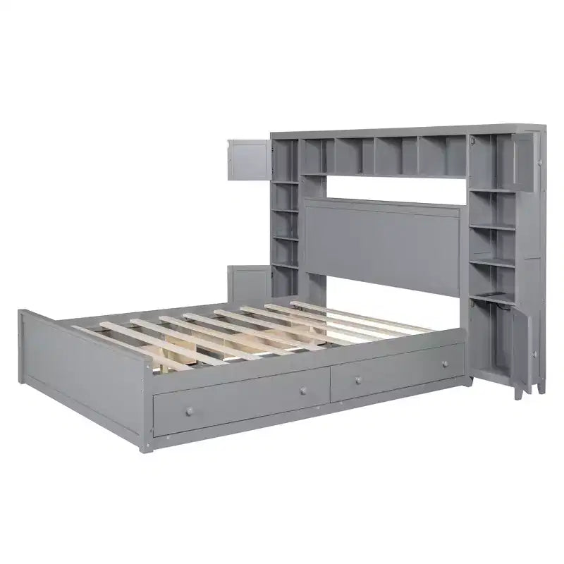 Letto matrimoniale in legno con scaffale e prese integrati grigio