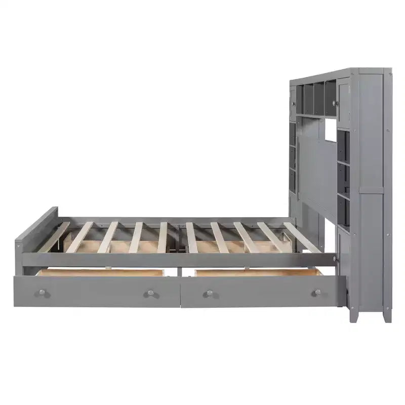 Letto matrimoniale in legno con scaffale e prese integrati grigio
