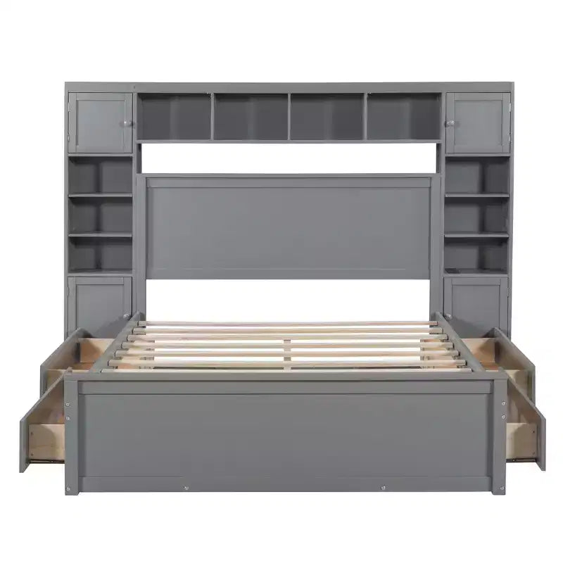 Letto matrimoniale in legno con scaffale e prese integrati grigio