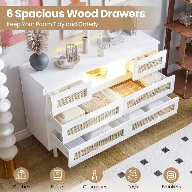 Comò moderno in rattan, comò LED con stazione di ricarica, cassettiere e comò in legno a 6 cassetti, mobile TV per armadio