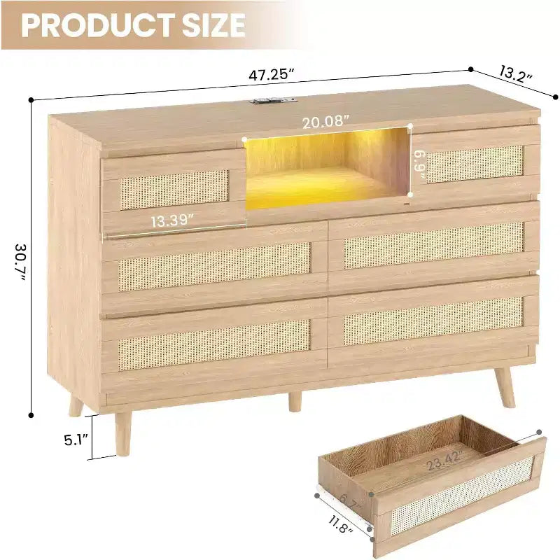 Comò moderno in rattan, comò LED con stazione di ricarica, cassettiere e comò in legno a 6 cassetti, mobile TV per armadio