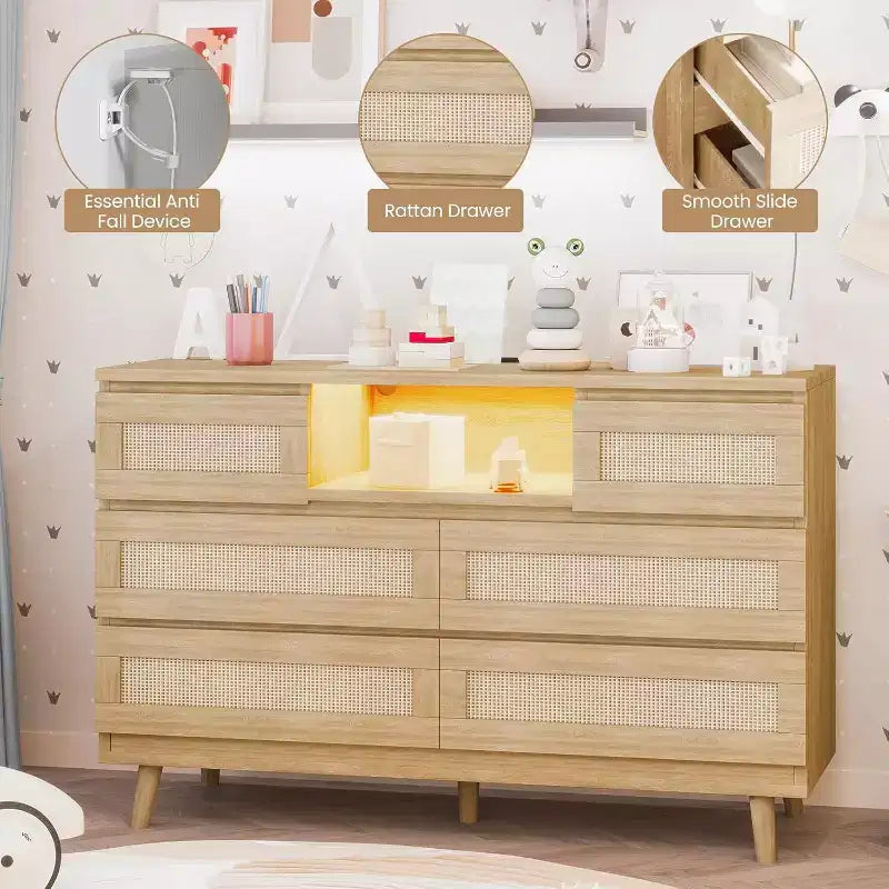 Comò moderno in rattan, comò LED con stazione di ricarica, cassettiere e comò in legno a 6 cassetti, mobile TV per armadio
