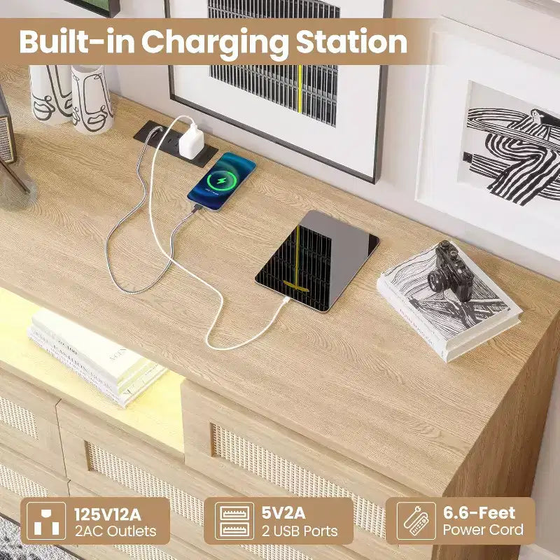 Comò moderno in rattan, comò LED con stazione di ricarica, cassettiere e comò in legno a 6 cassetti, mobile TV per armadio