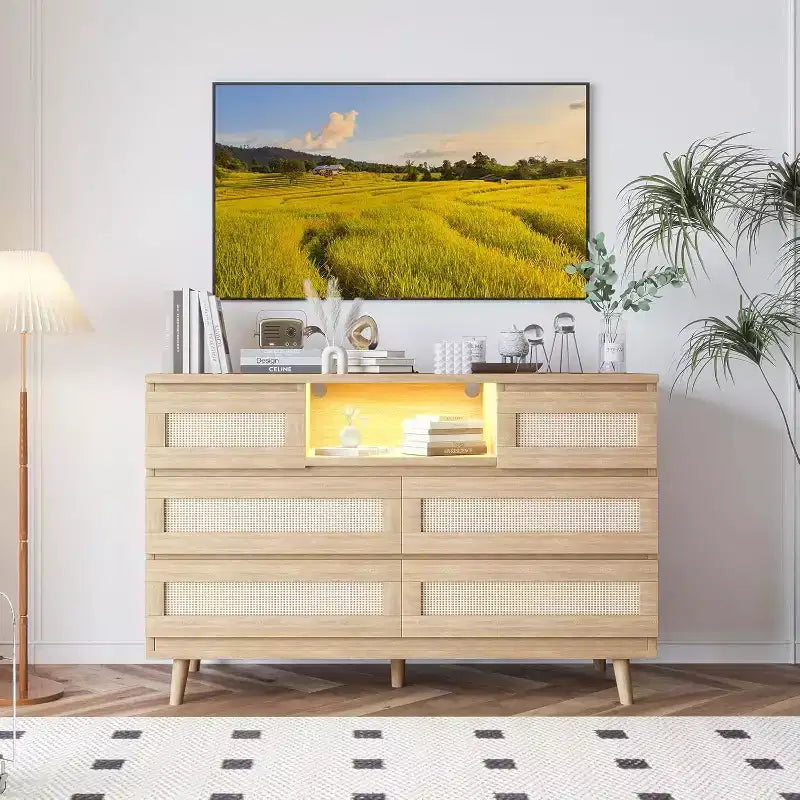 Comò moderno in rattan, comò LED con stazione di ricarica, cassettiere e comò in legno a 6 cassetti, mobile TV per armadio