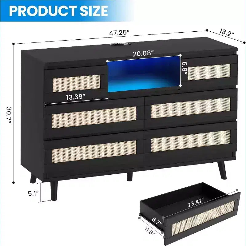 Comò moderno in rattan, comò LED con stazione di ricarica, cassettiere e comò in legno a 6 cassetti, mobile TV per armadio