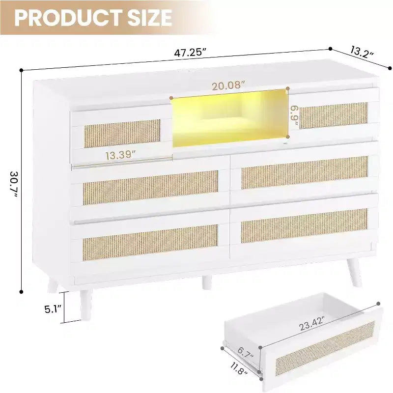 Comò moderno in rattan, comò LED con stazione di ricarica, cassettiere e comò in legno a 6 cassetti, mobile TV per armadio