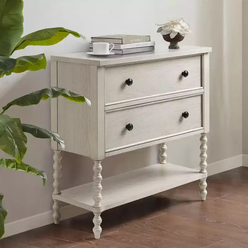 Cassettiera Comodino Tavolino Laterale a 2 Cassetti in Legno Massello Stile Rustico con Ripiano, per Camera da Letto e Soggiorno