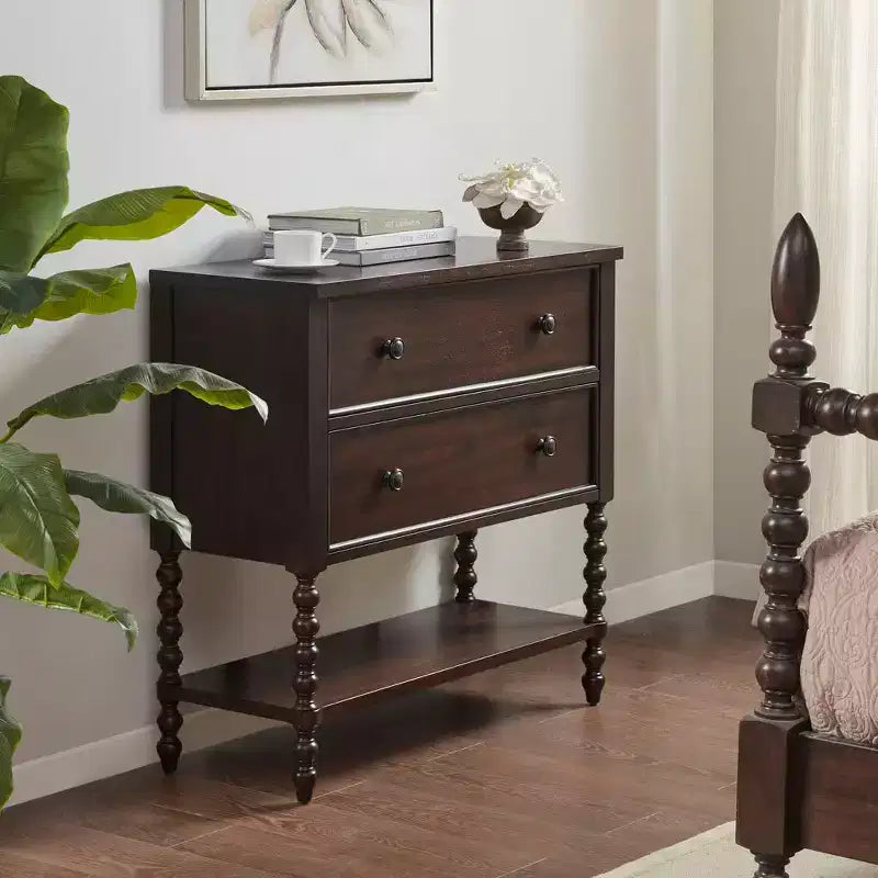 Cassettiera Comodino Tavolino Laterale a 2 Cassetti in Legno Massello Stile Rustico con Ripiano, per Camera da Letto e Soggiorno