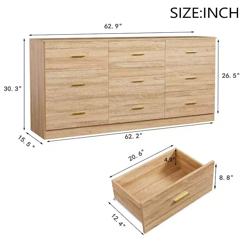 Comò moderno 8/9 cassetti con maniglie dorate, cassettiera ampia per camera da letto o soggiorno