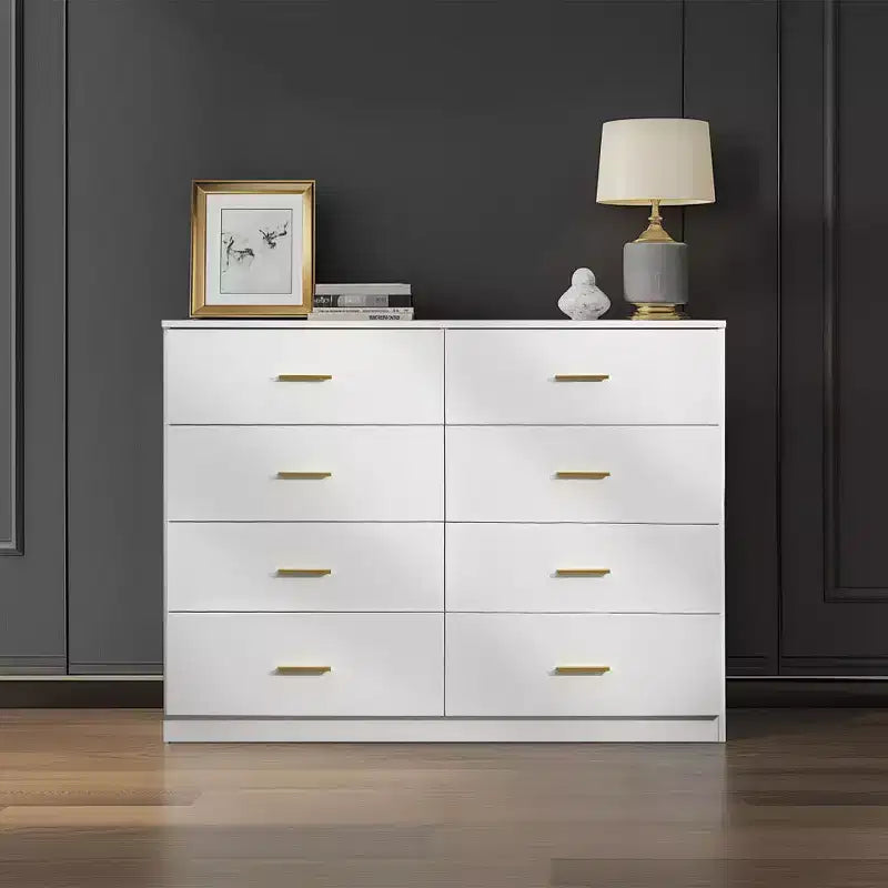 Comò moderno 8/9 cassetti con maniglie dorate, cassettiera ampia per camera da letto o soggiorno