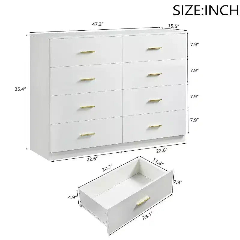 Comò moderno 8/9 cassetti con maniglie dorate, cassettiera ampia per camera da letto o soggiorno