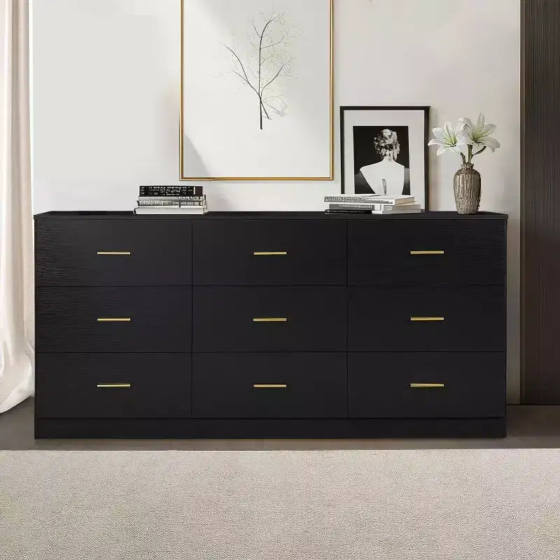 Comò moderno 8/9 cassetti con maniglie dorate, cassettiera ampia per camera da letto o soggiorno