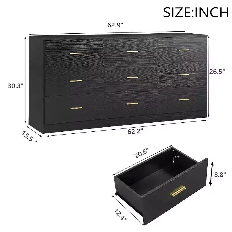 Comò moderno 8/9 cassetti con maniglie dorate, cassettiera ampia per camera da letto o soggiorno