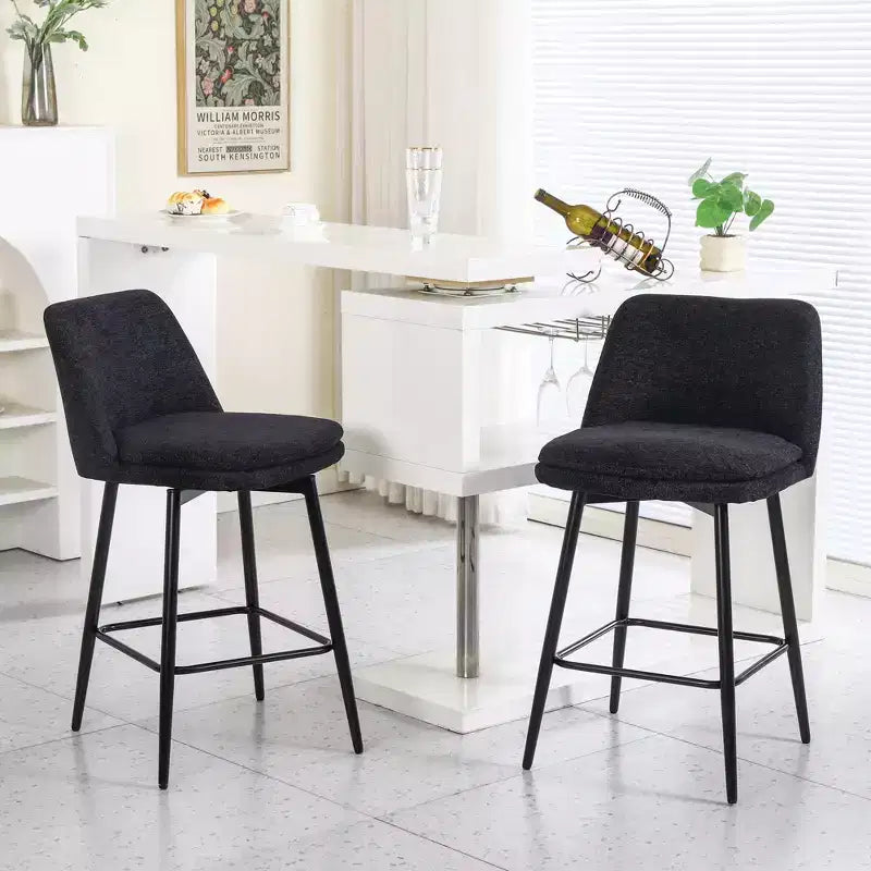 Set di 2 sgabelli da bar girevoli altezza bancone, rotazione a 360°, imbottiti, altezza seduta 65 cm, in lino, neri, per isola cucina o pub