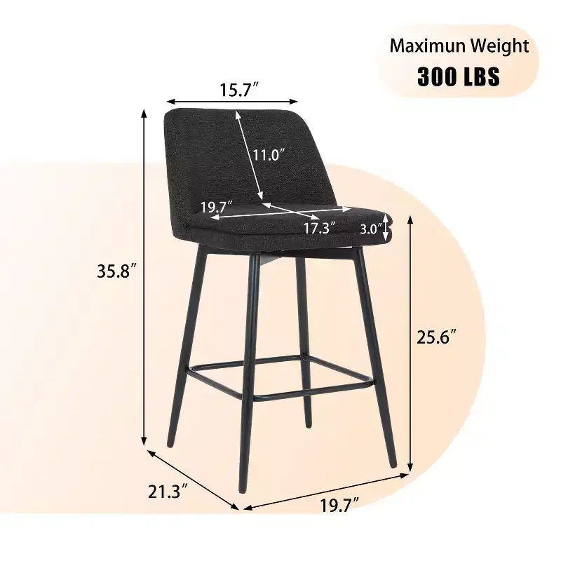 Set di 2 sgabelli da bar girevoli altezza bancone, rotazione a 360°, imbottiti, altezza seduta 65 cm, in lino, neri, per isola cucina o pub