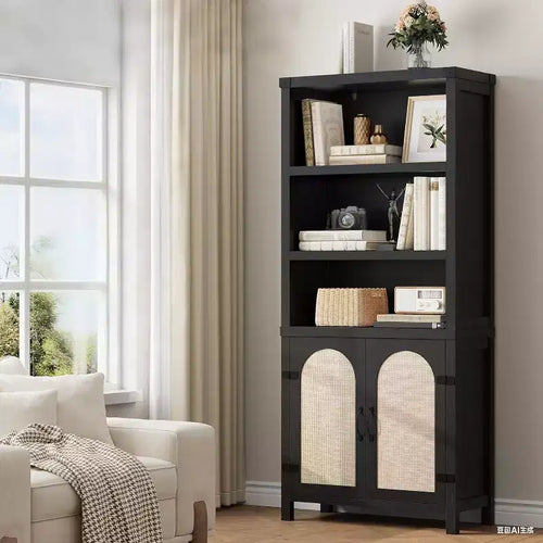 70 Farmhouse Bookshelf with Rattan Doors, 3-Tier Open Shelves & Cabinet, Black Wood Bookcase for Living Room, Office & Bedroom