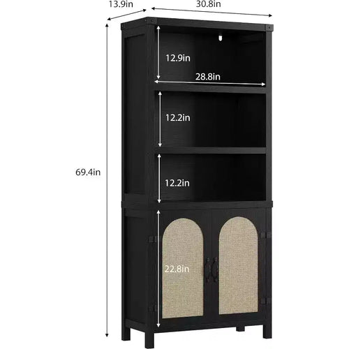 Libreria a colonna da 178 cm con ante in rattan, 3 ripiani aperti e armadietto, Libreria in legno nero per soggiorno, ufficio e camera da letto