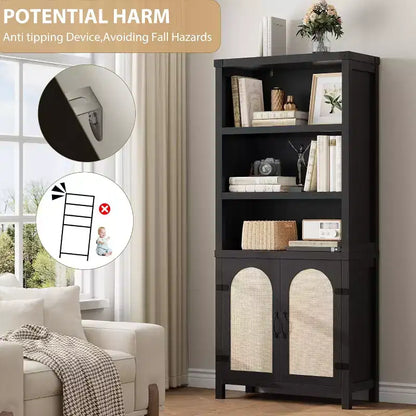 Libreria a colonna da 178 cm con ante in rattan, 3 ripiani aperti e armadietto, Libreria in legno nero per soggiorno, ufficio e camera da letto