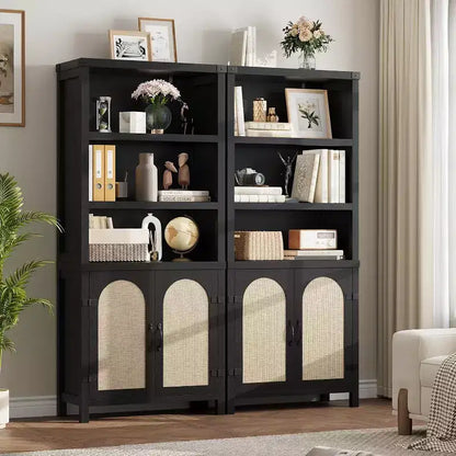 Libreria a colonna da 178 cm con ante in rattan, 3 ripiani aperti e armadietto, Libreria in legno nero per soggiorno, ufficio e camera da letto