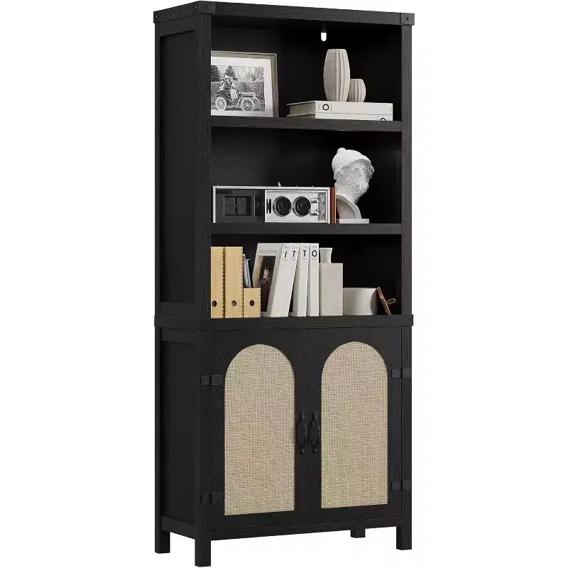 Libreria a colonna da 178 cm con ante in rattan, 3 ripiani aperti e armadietto, Libreria in legno nero per soggiorno, ufficio e camera da letto