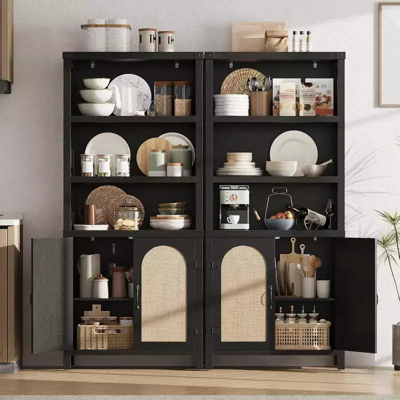 Libreria a colonna da 178 cm con ante in rattan, 3 ripiani aperti e armadietto, Libreria in legno nero per soggiorno, ufficio e camera da letto
