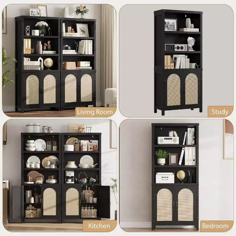 Libreria a colonna da 178 cm con ante in rattan, 3 ripiani aperti e armadietto, Libreria in legno nero per soggiorno, ufficio e camera da letto