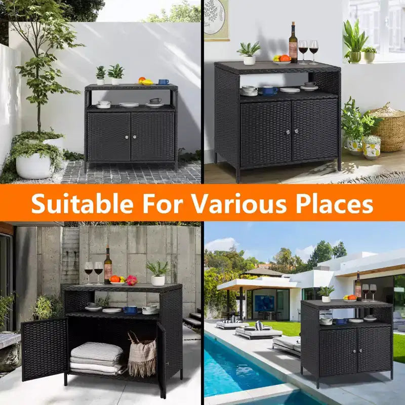 Tavolo da Bar per Esterni con 2 Ante e Ripiano, Mobiletto Contenitore in Vimini per Patio, Acciaio Verniciato a Polvere, Rattan Sintetico per Tutte le Stagioni, per Giardino Piscina Patio, Cucina
