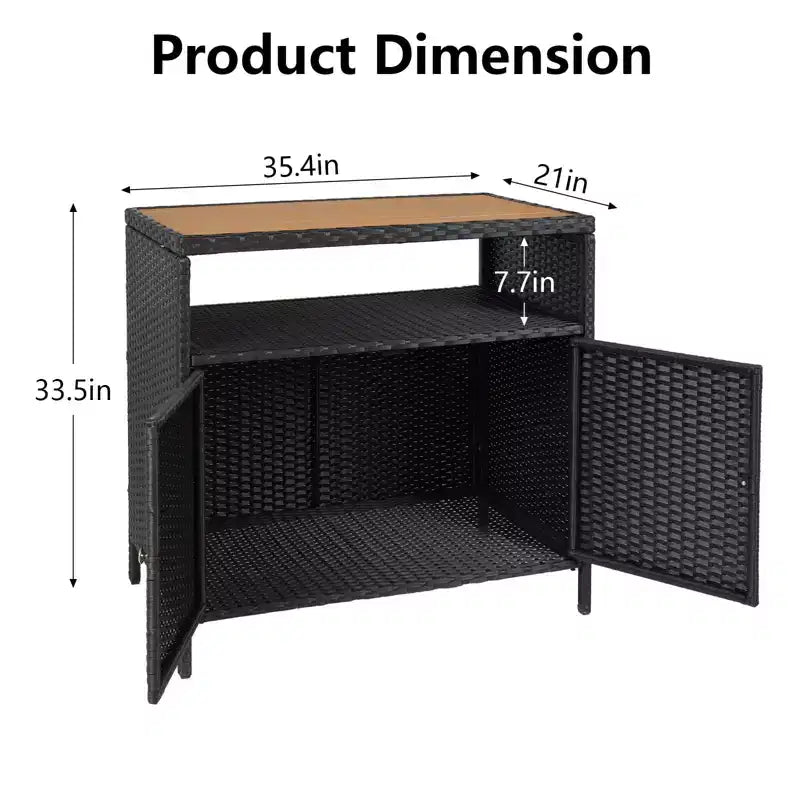 Tavolo da Bar per Esterni con 2 Ante e Ripiano, Mobiletto Contenitore in Vimini per Patio, Acciaio Verniciato a Polvere, Rattan Sintetico per Tutte le Stagioni, per Giardino Piscina Patio, Cucina