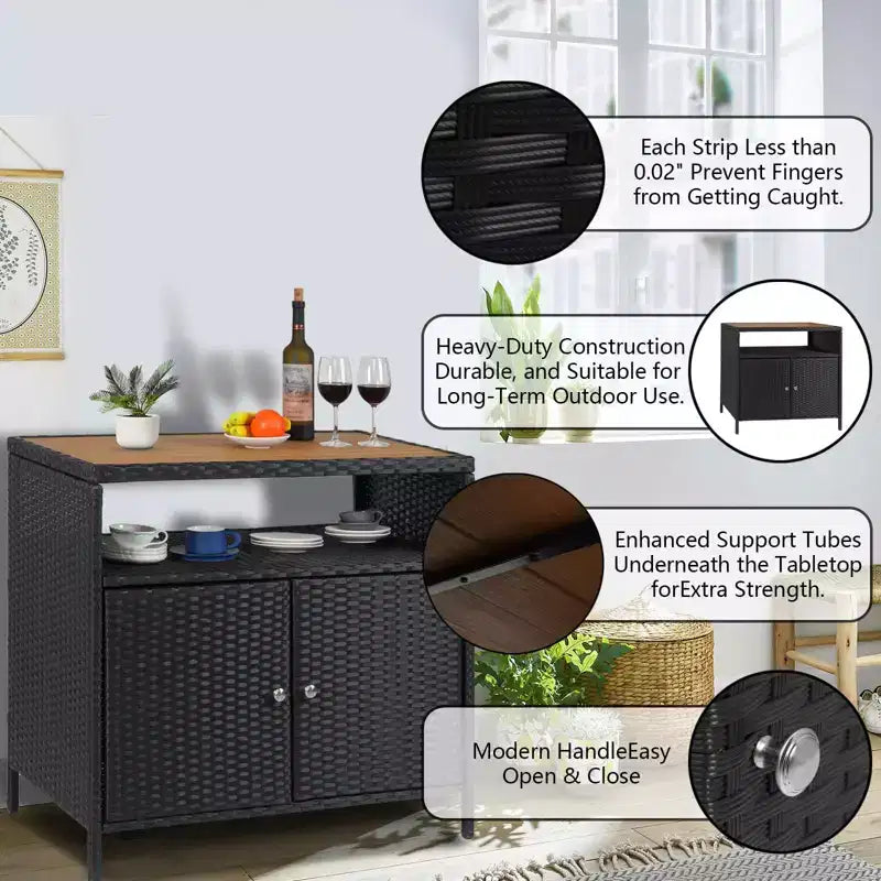 Tavolo da Bar per Esterni con 2 Ante e Ripiano, Mobiletto Contenitore in Vimini per Patio, Acciaio Verniciato a Polvere, Rattan Sintetico per Tutte le Stagioni, per Giardino Piscina Patio, Cucina