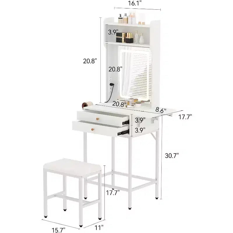 Set Comodino Trucco Piccolo con Specchio, Mini Toeletta Trucco con Luce Regolabile, 2 Cassetti, Supporto per Asciugacapelli per Camere da Leto Piccole, Appartamenti