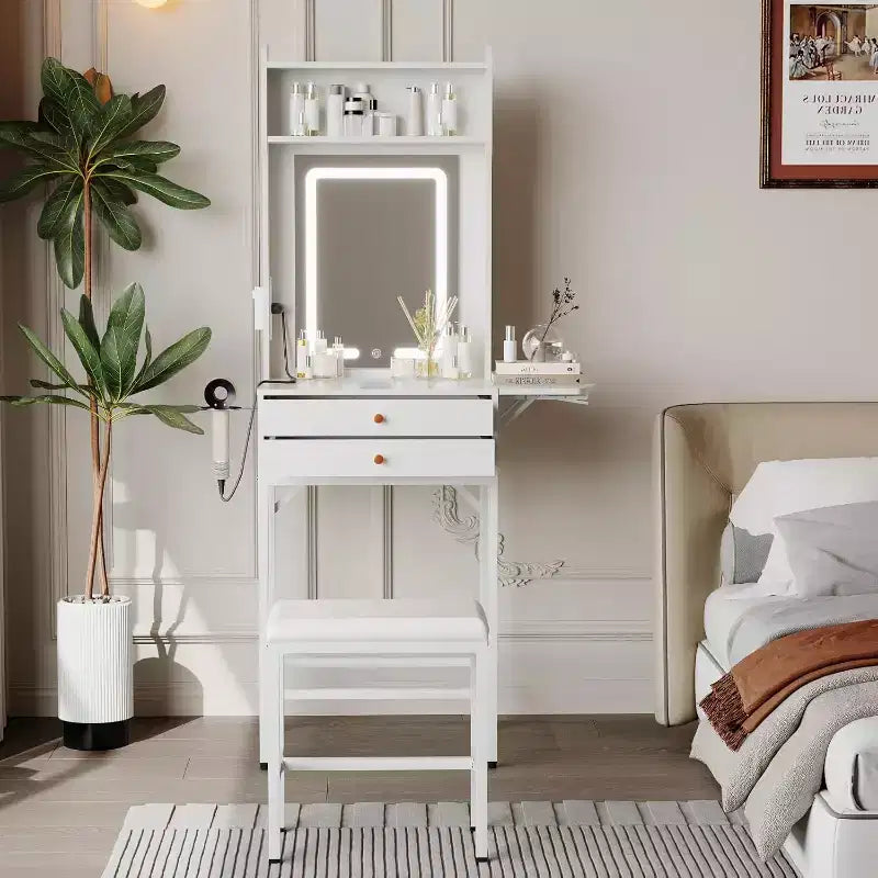 Set Comodino Trucco Piccolo con Specchio, Mini Toeletta Trucco con Luce Regolabile, 2 Cassetti, Supporto per Asciugacapelli per Camere da Leto Piccole, Appartamenti