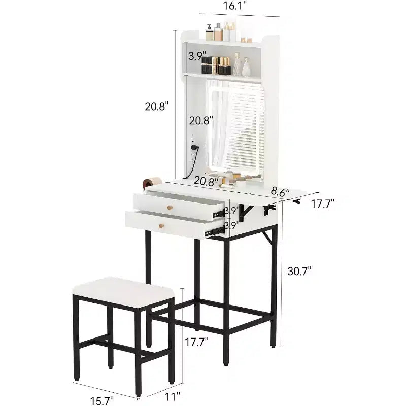 Set Comodino Trucco Piccolo con Specchio, Mini Toeletta Trucco con Luce Regolabile, 2 Cassetti, Supporto per Asciugacapelli per Camere da Leto Piccole, Appartamenti