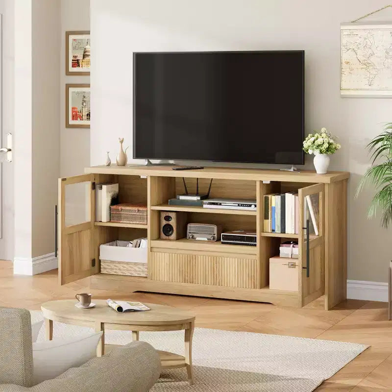 Mobile TV Adatto per TV fino a 72'', Mobile Intrattenimento con Motivo a Onde e 2 Armadietti con Ante in Vetro, Console Media TV con 2 Ante Aperte (Naturale)