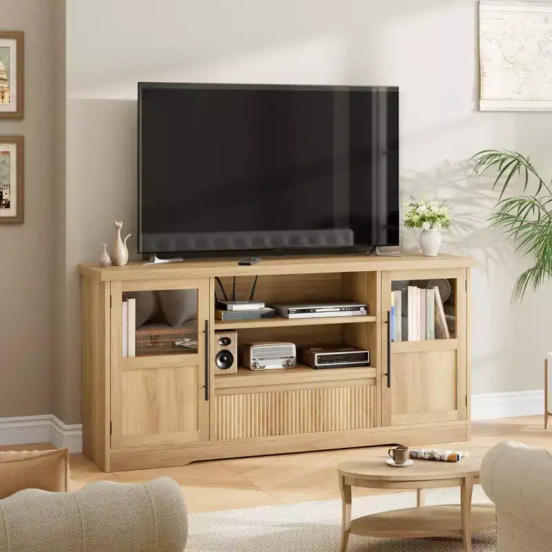Mobile TV Adatto per TV fino a 72'', Mobile Intrattenimento con Motivo a Onde e 2 Armadietti con Ante in Vetro, Console Media TV con 2 Ante Aperte (Naturale)