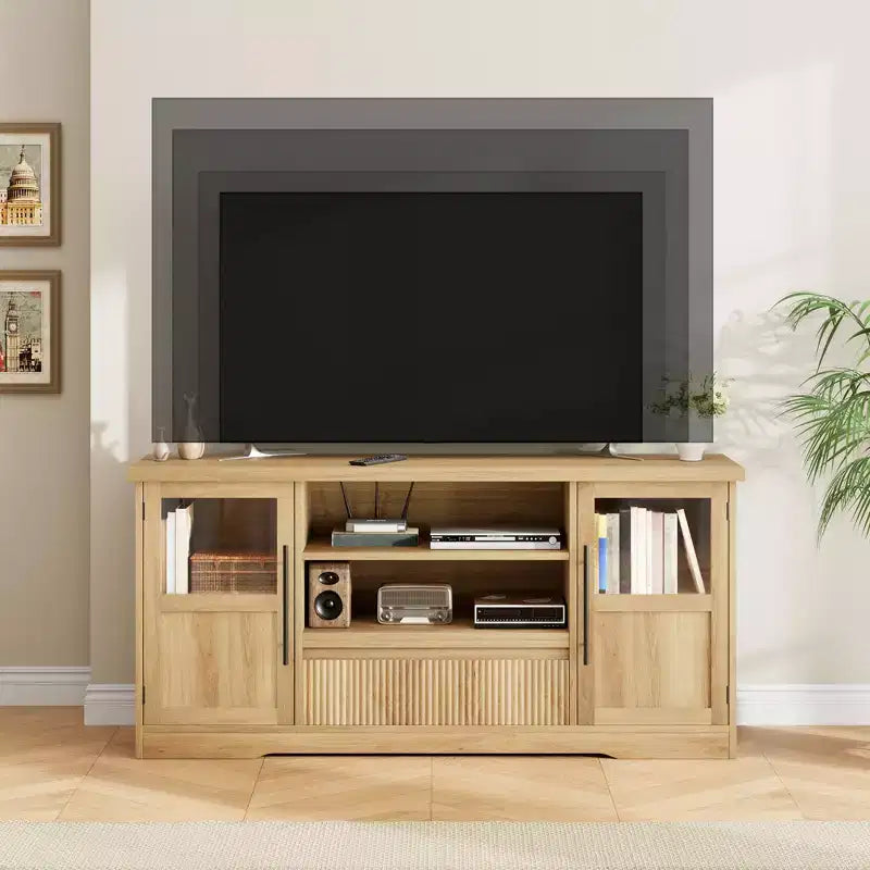 Mobile TV Adatto per TV fino a 72'', Mobile Intrattenimento con Motivo a Onde e 2 Armadietti con Ante in Vetro, Console Media TV con 2 Ante Aperte (Naturale)