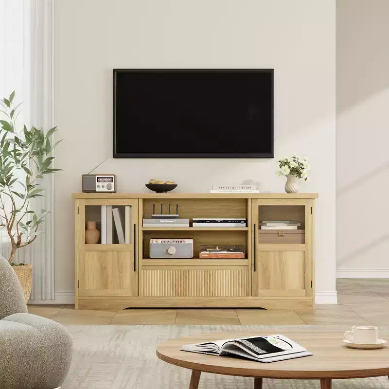 Mobile TV Adatto per TV fino a 72'', Mobile Intrattenimento con Motivo a Onde e 2 Armadietti con Ante in Vetro, Console Media TV con 2 Ante Aperte (Naturale)