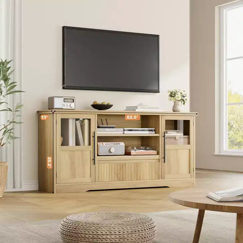Mobile TV Adatto per TV fino a 72'', Mobile Intrattenimento con Motivo a Onde e 2 Armadietti con Ante in Vetro, Console Media TV con 2 Ante Aperte (Naturale)