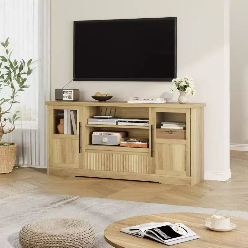 Mobile TV Adatto per TV fino a 72'', Mobile Intrattenimento con Motivo a Onde e 2 Armadietti con Ante in Vetro, Console Media TV con 2 Ante Aperte (Naturale)