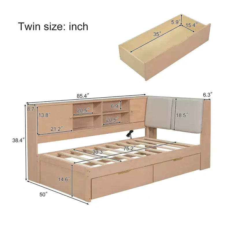 Lettino a L in legno con testiera imbottita contenitore, porte di ricarica USB e libreria contenitore