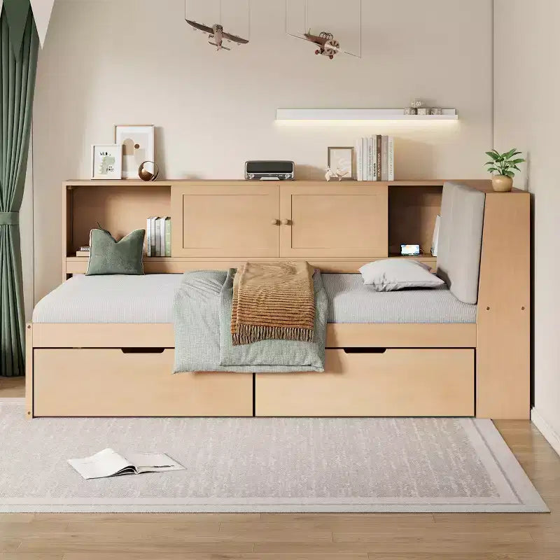 Lettino a L in legno con testiera imbottita contenitore, porte di ricarica USB e libreria contenitore