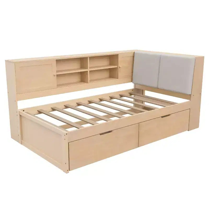 Lettino a L in legno con testiera imbottita contenitore, porte di ricarica USB e libreria contenitore