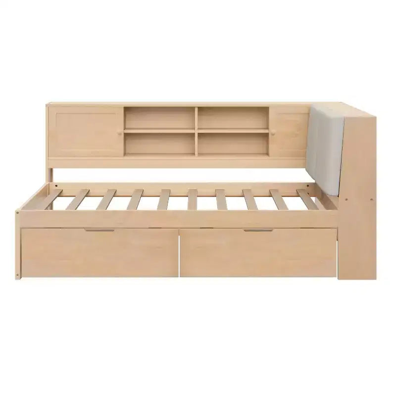 Lettino a L in legno con testiera imbottita contenitore, porte di ricarica USB e libreria contenitore