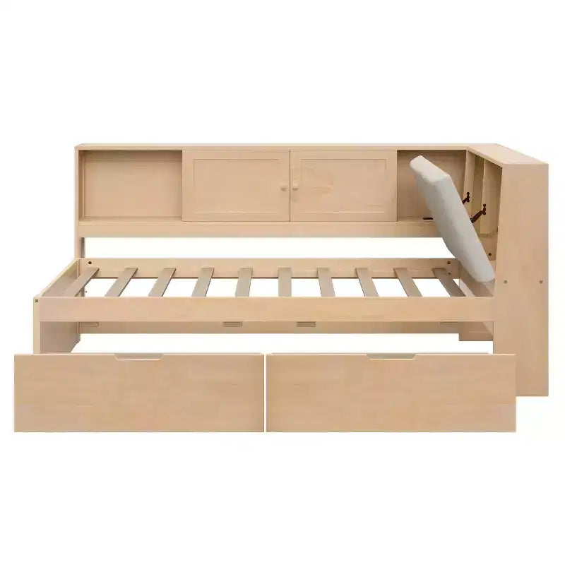 Lettino a L in legno con testiera imbottita contenitore, porte di ricarica USB e libreria contenitore