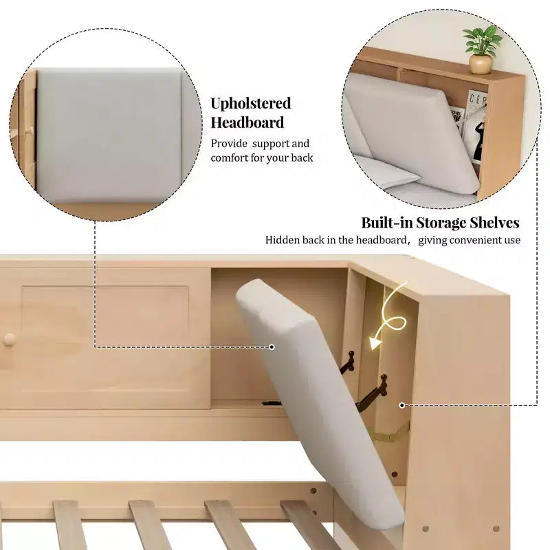 Lettino a L in legno con testiera imbottita contenitore, porte di ricarica USB e libreria contenitore