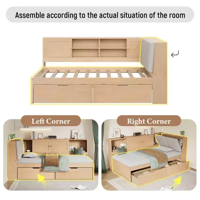 Lettino a L in legno con testiera imbottita contenitore, porte di ricarica USB e libreria contenitore