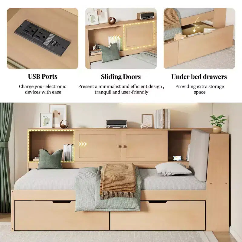 Lettino a L in legno con testiera imbottita contenitore, porte di ricarica USB e libreria contenitore